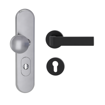Silhouette product image in perfect product view shows the Griffwerk security combi set TITANO_882 in the version cylinder cover, round, brushed steel, clip on with the door handle GRAPH GSC