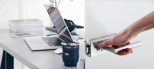 Image Puristo S by Griffwerk and bureau The illustration shows the Puristo S door handle by Griffwerk on a light-colored door with a desk in the background.