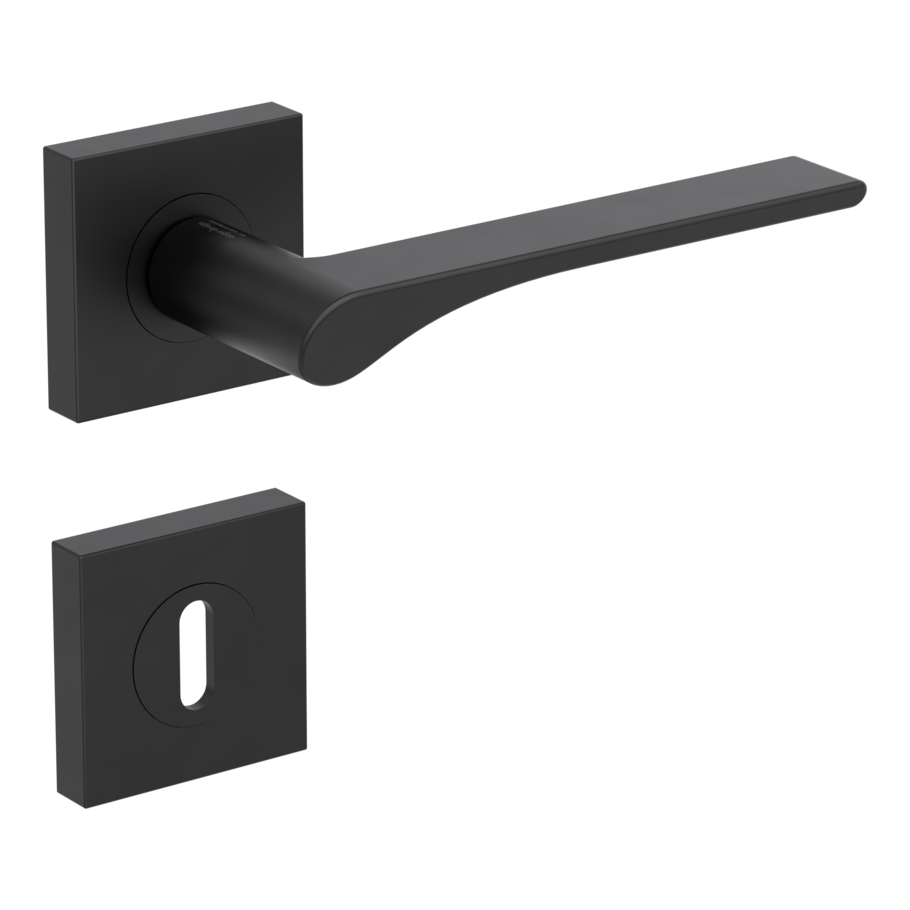 Isolated product image in the right-turned angle shows the GRIFFWERK rose set square LEAF LIGHT in the version mortice lock - graphite black - screw on technique