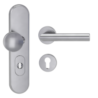 Silhouette product image in perfect product view shows the Griffwerk security combi set TITANO_882 ES0 in the version cylinder cover, round, brushed steel, screw on with the door handle LUCIA PROF