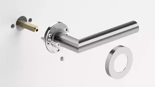 Ilustración Montaje atornillado Montaje atornillado para Manillas de puerta significa una roseta de tornillo de alta calidad en acero inoxidable, unión atornillada invisible y rosca fina cortada, así como una subestructura de acero inoxidable resistente a la corrosión.