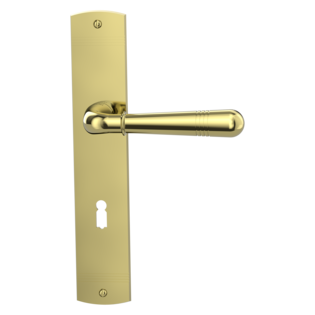 Isolated product image in perfect product view shows the GRIFFWERK long plate set FABIO in the version mortice lock - brass look - deco screw