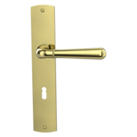 Isolated product image in perfect product view shows the GRIFFWERK long plate set FABIO in the version mortice lock - brass look - deco screw
