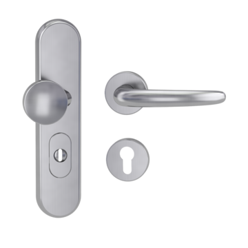 Silhouette product image in perfect product view shows the Griffwerk security combi set TITANO_882 in the version cylinder cover, round, brushed steel, clip on with the door handle ULMER GRIFF PROF