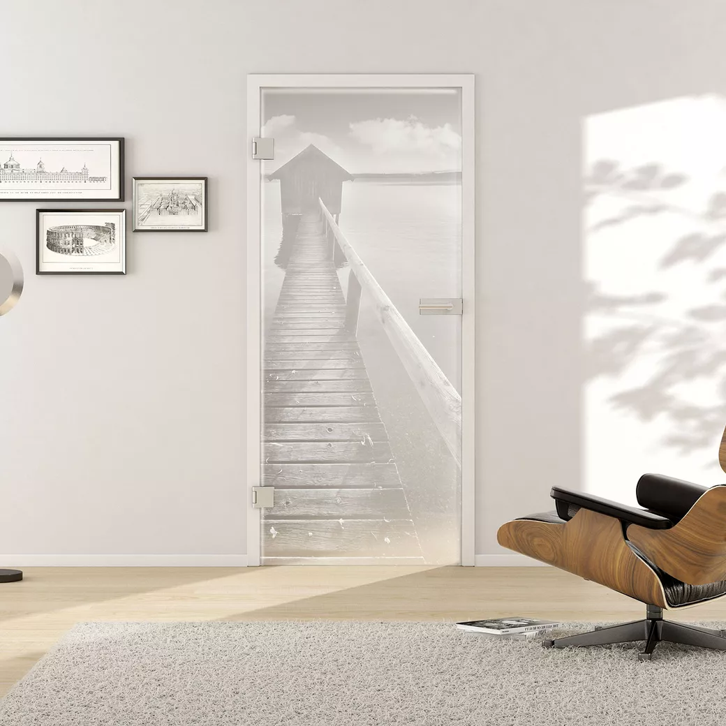 Glasdrehtür PHOTO 678 ESG PURE WHITE matt 834x2097x8mm Studio/Office DIN L