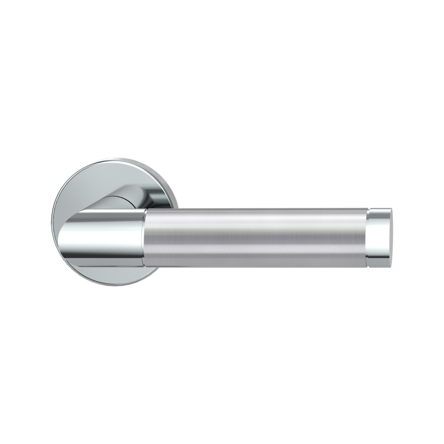 The image shows the Griffwerk door handle set CHRISTINA in the version with rose set round unlockable clip on polished/brushed steel