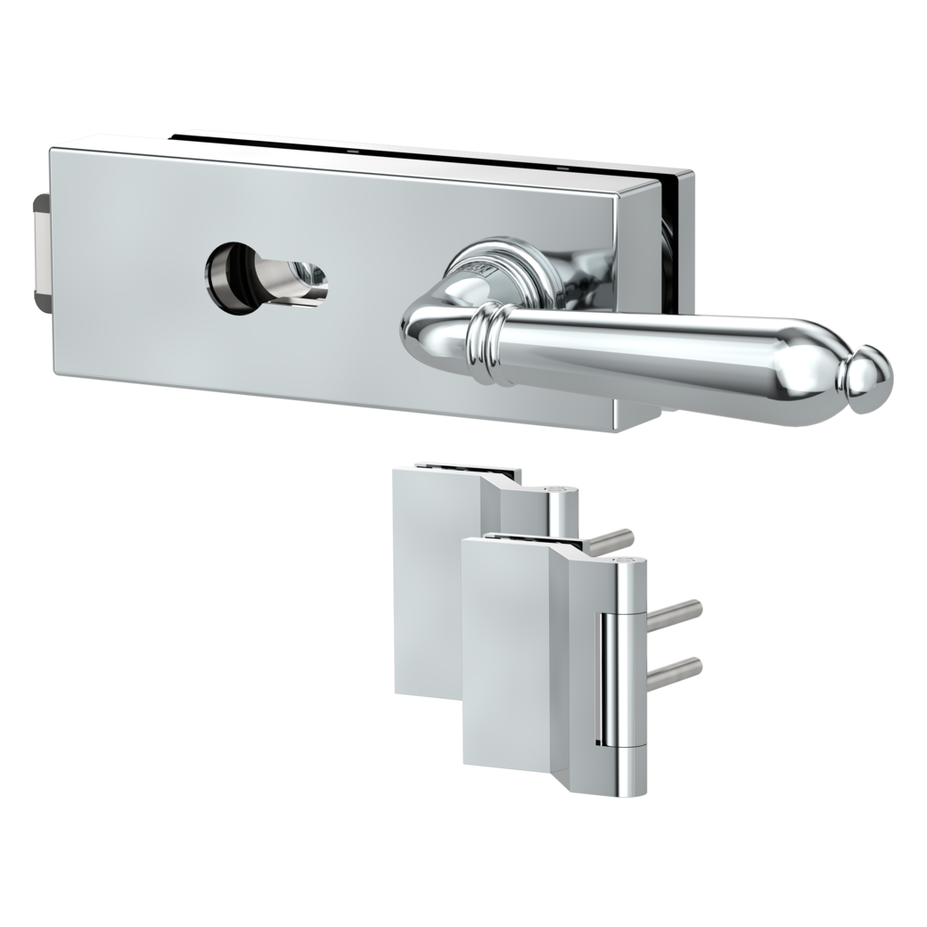 glass door lock set PURISTO S euro profile silent 3-part hinges CAROLA Chrome optic