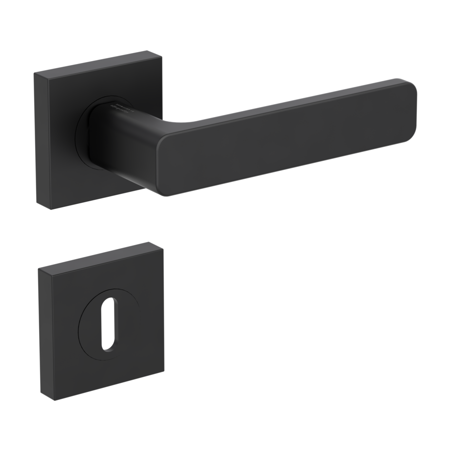 Isolated product image in the right-turned angle shows the GRIFFWERK rose set square MINIMAL MODERN in the version mortice lock - graphite black - screw on technique