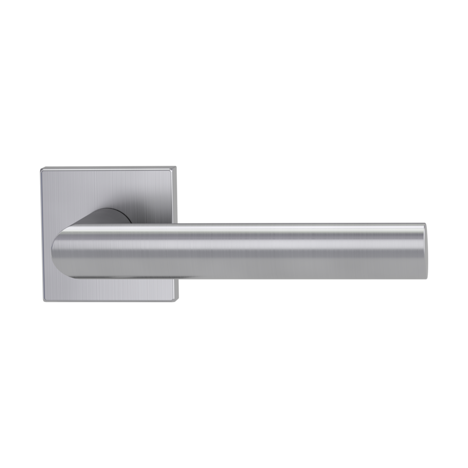 The image shows the Griffwerk door handle set OVIDA QUATTRO in the version with rose set square unlockable clip on brushed steel