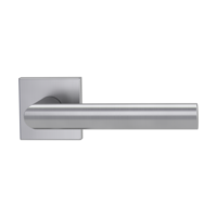 The image shows the Griffwerk door handle set OVIDA QUATTRO in the version with rose set square unlockable clip on brushed steel