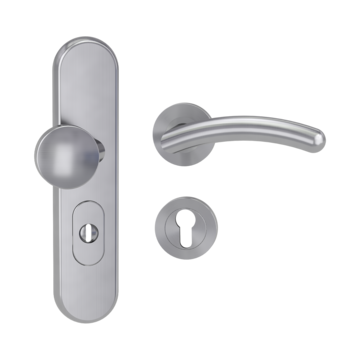 Silhouette product image in perfect product view shows the Griffwerk security combi set TITANO_882 in the version cylinder cover, round, brushed steel, clip on with the door handle SAVIA Schraub