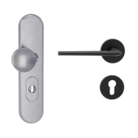 Silhouette product image in perfect product view shows the Griffwerk security combi set TITANO_882 in the version cylinder cover, round, brushed steel, clip on with the door handle REMOTE GSC
