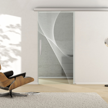 Ambientebild in Wohnraumsituation illustriert die Griffwerk Glasschiebetür 3D 623 in der Ausführung ESG BASIC GREEN klar