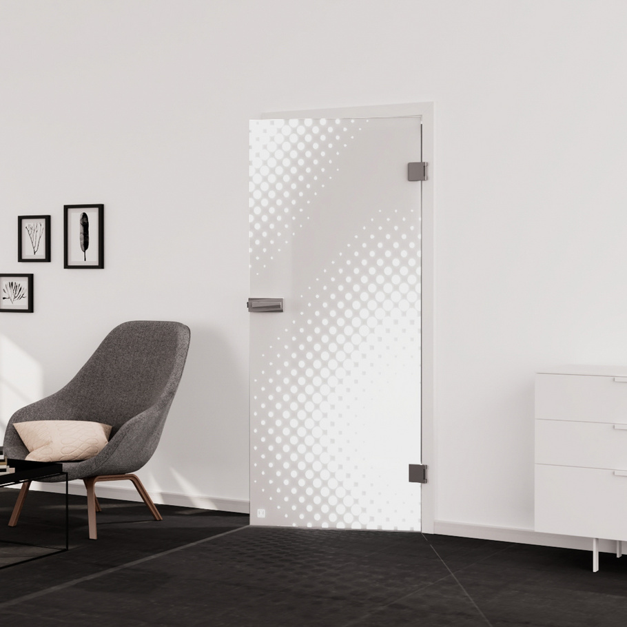 Living situation which shows the glass door with tempered safety glass (ESG) laserdecor JETTE DOTS 573 in the vision frosted PURE WHITE drilling Studio/Office revolving door DIN R