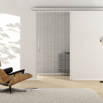 Ambientebild in Wohnraumsituation illustriert die Griffwerk Glasschiebetür GRIDS 690 in der Ausführung ESG PURE WHITE klar
