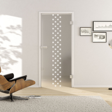 Wohnsituation mit zeigt die GRIFFWERK Glastür Classic_LD_663 in der Ausführung DIN rechts - Drehtür Bohrung Studio/Office - Einscheibensicherheitsglas PURE WHITE Laser / Siebdruck 