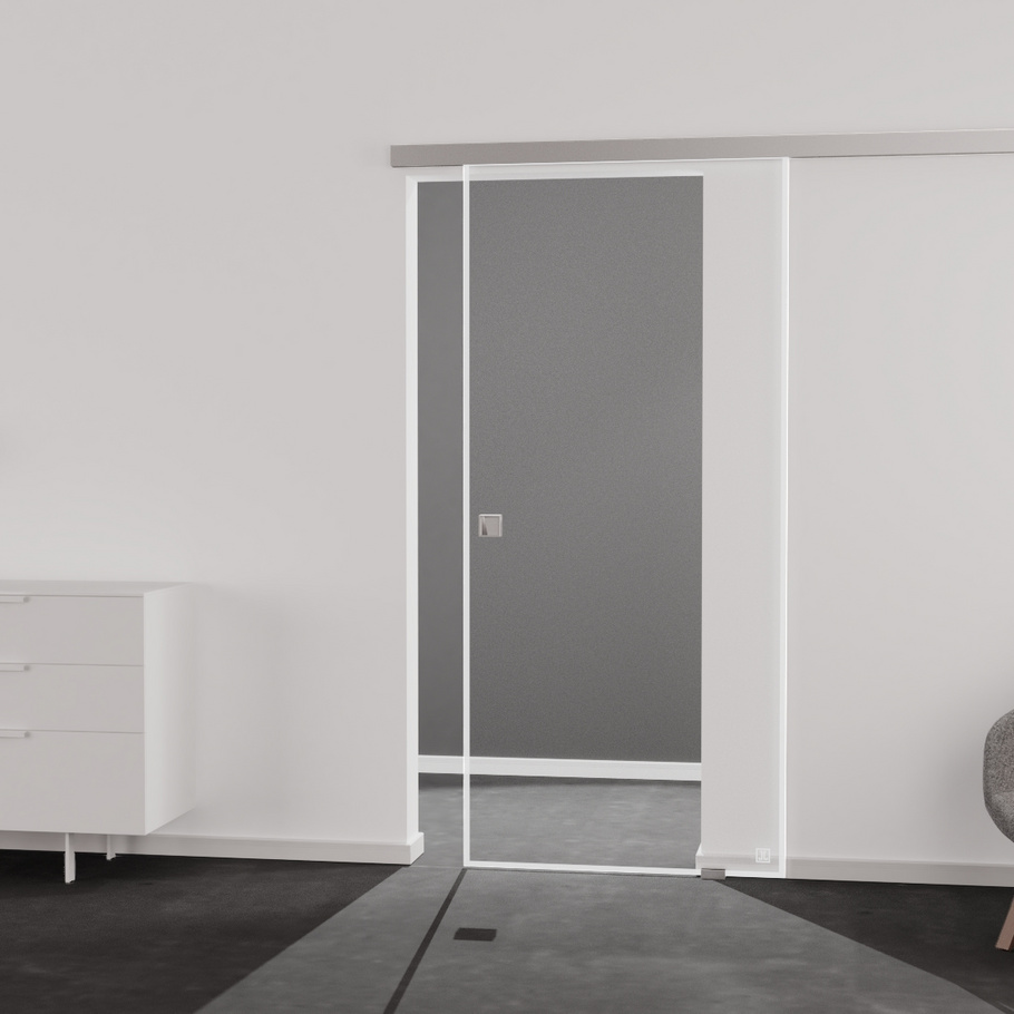 Living situation which shows the glass door with tempered safety glass (ESG) laserdecor JETTE FRAME 815 in the vision clear PURE WHITE drilling Studio/Office sliding door
