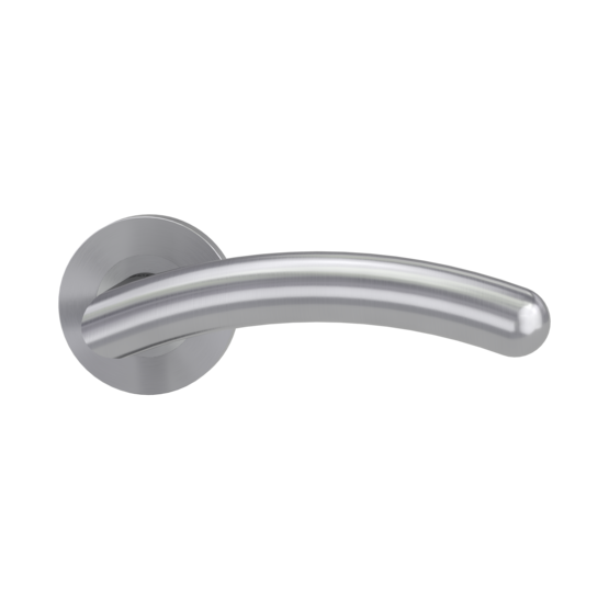 The image shows the Griffwerk door handle set SAVIA PROF in the version with rose set round unlockable screw on brushed steel