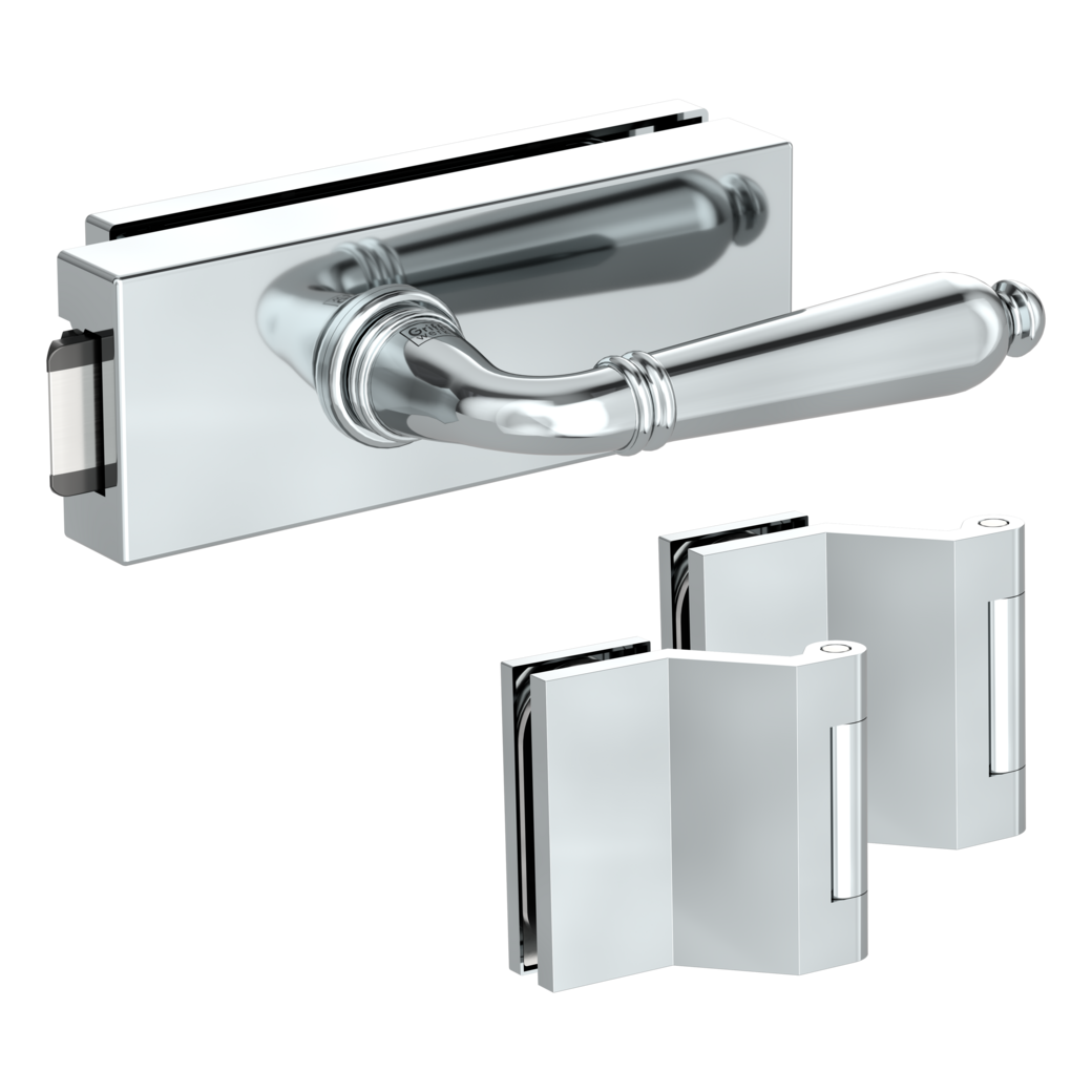 glass door lock set PURISTO S unlockable silent 3-part hinges CAROLA Chrome optic