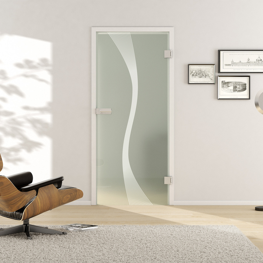 Ambient image in living situation illustrates the Griffwerk Glass revolving door DECO 583 in the version TSG BASIC GREEN matt