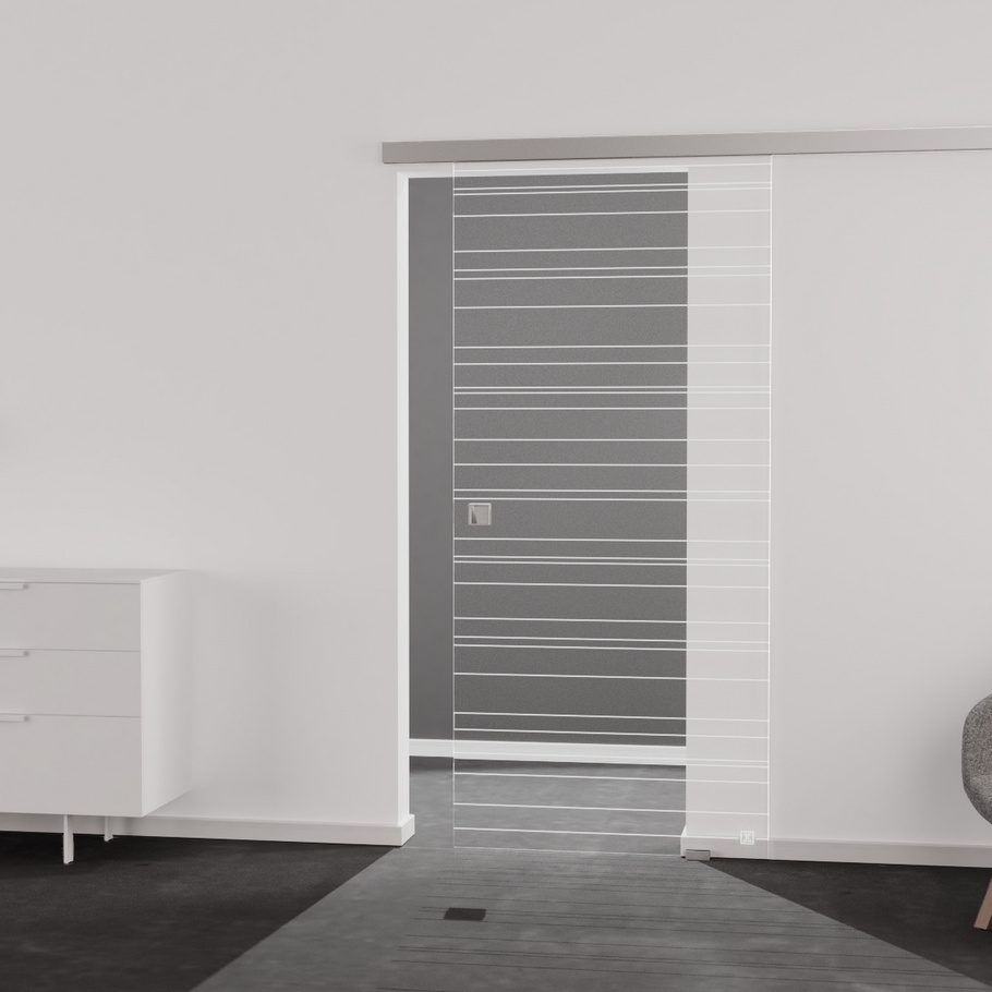 Wohnsituation zeigt die Glastür aus Einscheibensicherheitsglas (ESG) Laserdekor JETTE LINES 814 in der Ausführung durchsichtig PURE WHITE Bohrung Studio/Office Schiebetür
