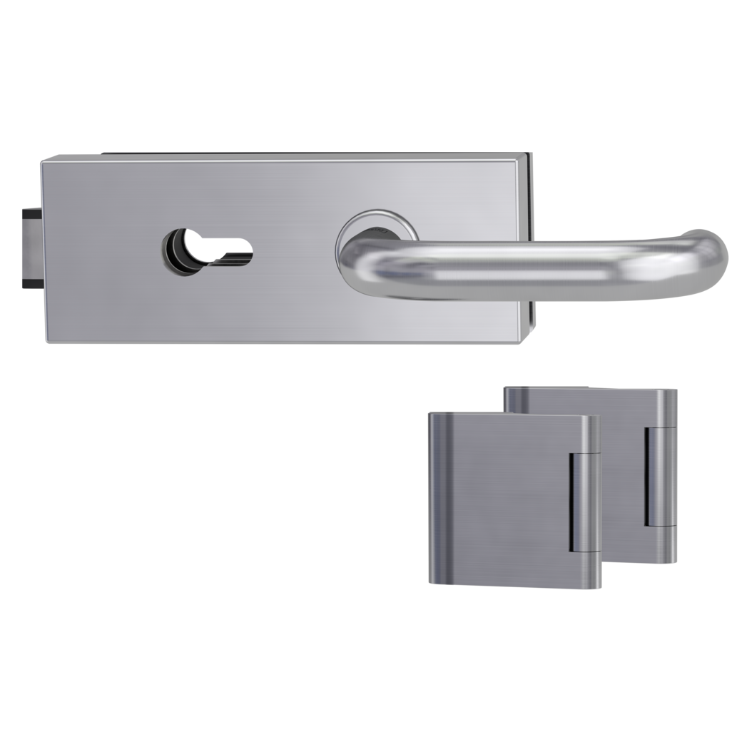 glass door lock set PURISTO S euro profile silent 3-part hinges ALESSIA PROF brushed steel