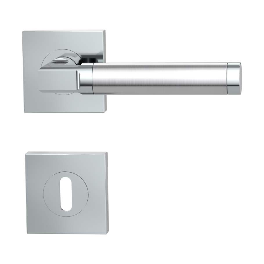 Isolated product image in perfect product view shows the GRIFFWERK rose set square LARONDA QUATTRO in the version mortice lock - chrome/brushed steel - screw on technique