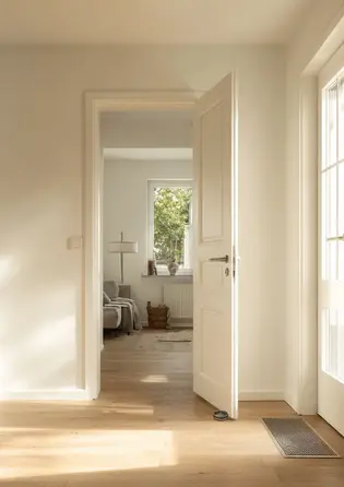 Weiße Holztür mit einem Türstopper