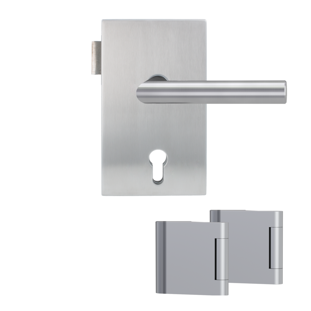 glass door lock set QUATTRO 1.0 euro profile R standard 3-part hinges LUCIA PROF brushed steel