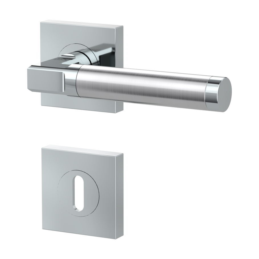 Isolated product image in the left-turned angle shows the GRIFFWERK rose set square LARONDA QUATTRO in the version mortice lock - chrome/brushed steel - screw on technique