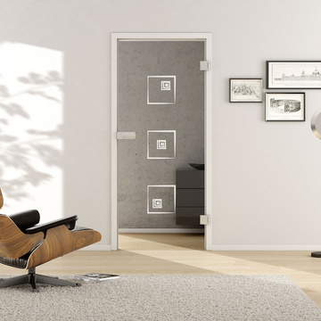 Wohnsituation mit zeigt die GRIFFWERK Glastür Deco_LD_587 in der Ausführung DIN rechts - Drehtür Bohrung Studio/Office - Einscheibensicherheitsglas PURE WHITE Laser einseitig 