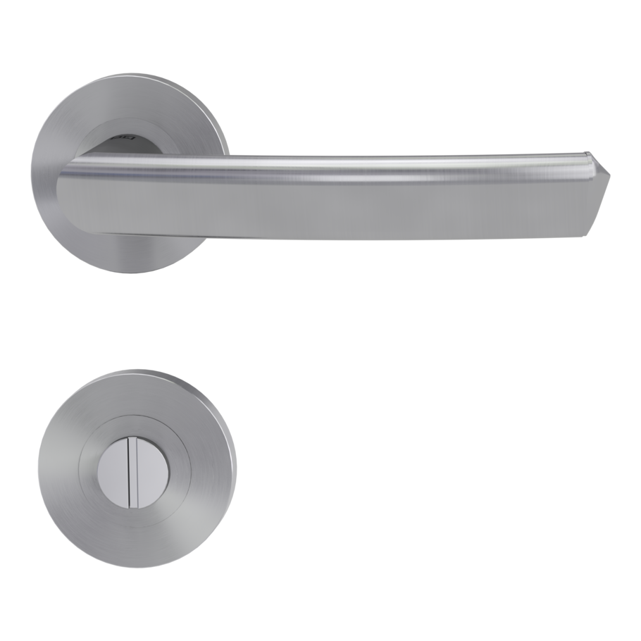 The image shows the Jette door handle set CRYSTAL in the version with rose set round wc screw on brushed steel