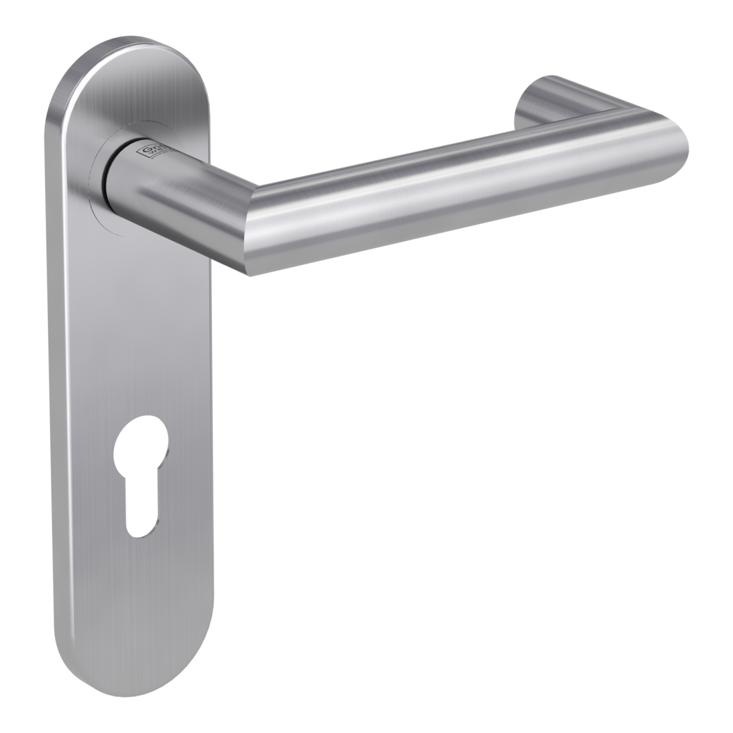 LUCIA PROF door handle set Screw-on sys.panic round short backpl. Satin stainless steel profile cylinder