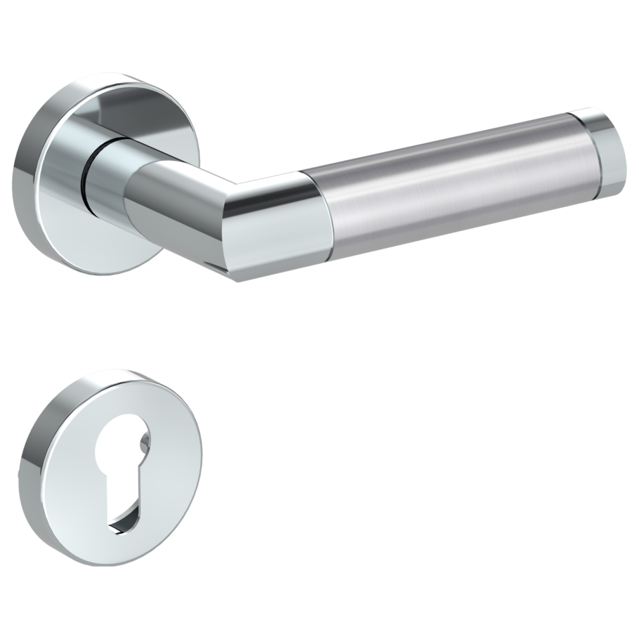 Isolated product image in the right-turned angle shows the GRIFFWERK rose set CHRISTINA in the version euro profile - polished/brushed steel - clip on technique