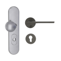 Silhouette product image in perfect product view shows the Griffwerk security combi set TITANO_882 in the version cylinder cover, round, brushed steel, clip on with the door handle LEAF LIGHT KGR