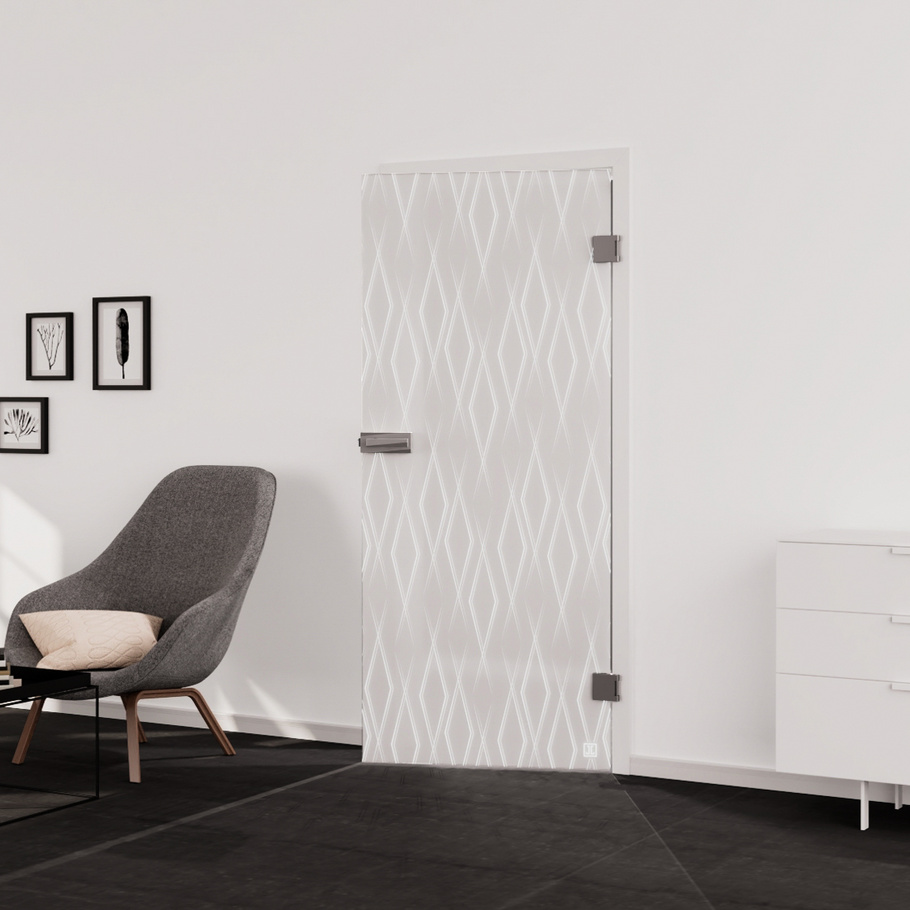 Living situation which shows the glass door with tempered safety glass (ESG) laserdecor JETTE FOREVER 687 in the vision frosted PURE WHITE drilling Studio/Office revolving door DIN R