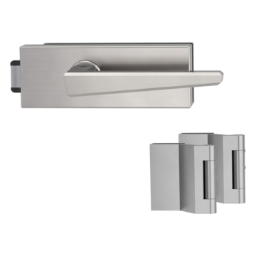 Silhouette product image in perfect product view shows the Griffwerk glass door lock set PURISTO S in the version unlockable, brushed steel, 2-part hinge set with the handle pair JETTE CUT SG