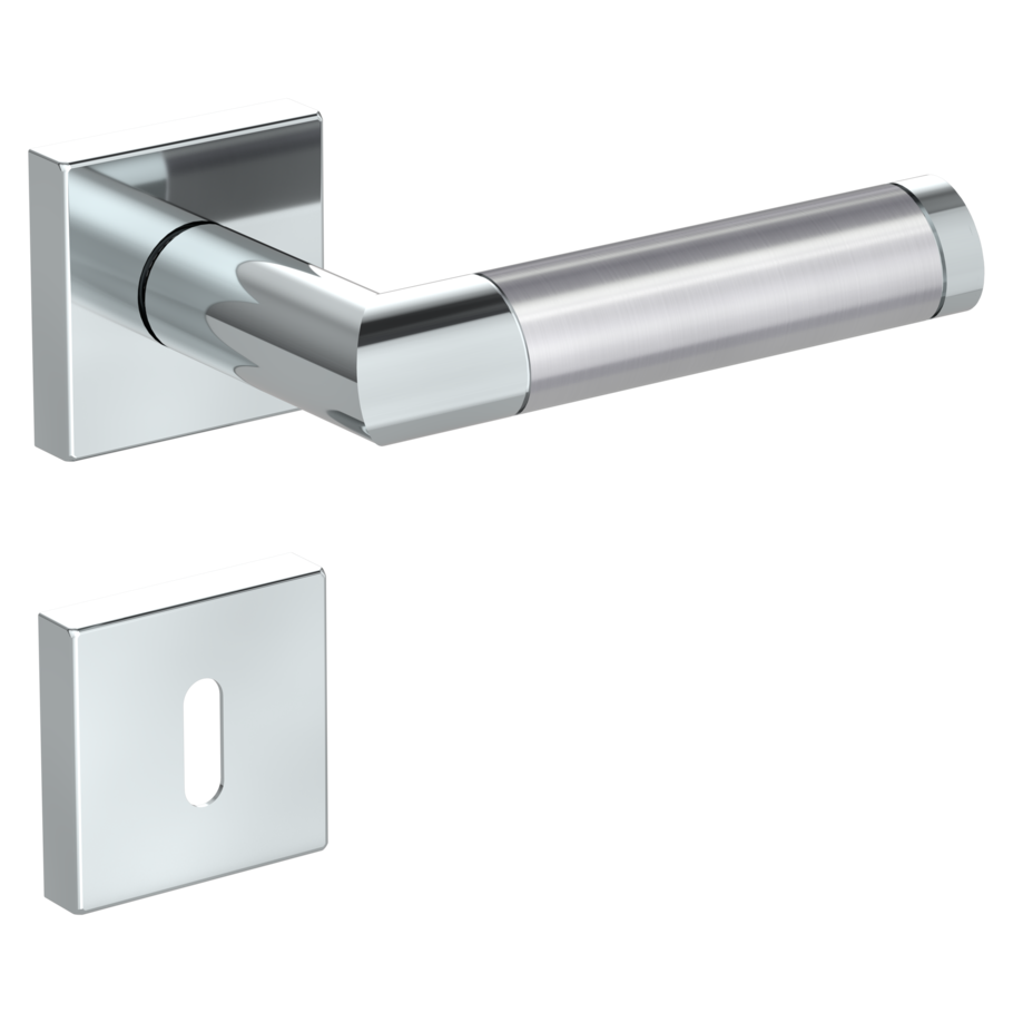 Isolated product image in the right-turned angle shows the GRIFFWERK rose set square CHRISTINA QUATTRO in the version mortice lock - polished/brushed steel - clip on technique