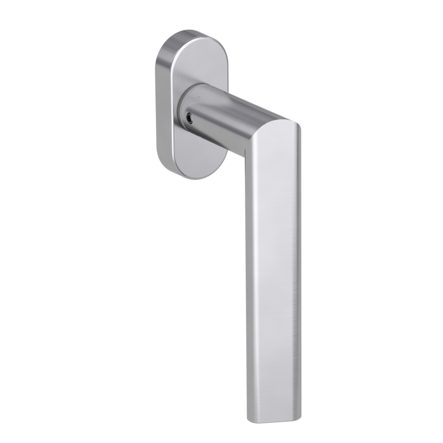 Silhouette product image in perfect product view shows the Griffwerk window handle TRI 134 in the version unlockable, brushed steel