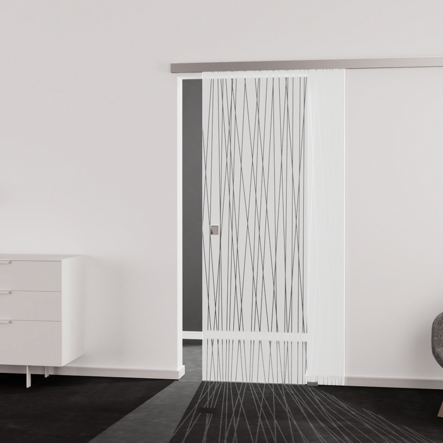 Living situation which shows the glass door with tempered safety glass (ESG) silk screen print JETTE RUTIL 561 in the vision frosted BASIC GREEN drilling Studio/Office sliding door