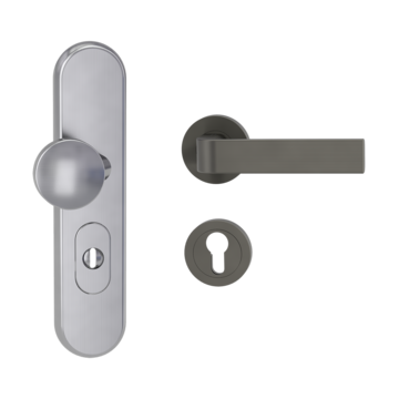 Silhouette product image in perfect product view shows the Griffwerk security combi set TITANO_882 in the version cylinder cover, round, brushed steel, clip on with the door handle GRAPH KGR