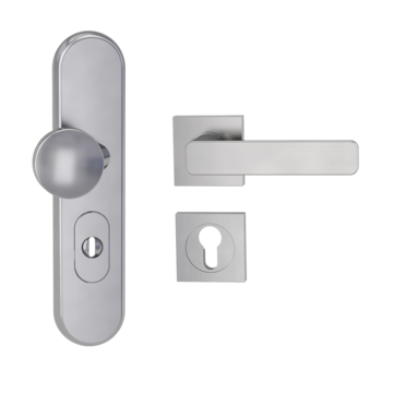 Silhouette product image in perfect product view shows the Griffwerk security combi set TITANO_882 in the version cylinder cover, square, brushed steel, clip on with the door handle MINIMAL MODERN