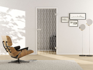 Wohnraum mit Glastür Deco_LD_655, ESG white Laser einseitig, Studio/Office Wohnsituation zeigt die GRIFFWERK Glastür Deco_LD_655 in der Ausführung DIN rechts - Drehtür Bohrung Studio/Office - Einscheibensicherheitsglas PURE WHITE Laser einseitig