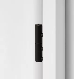 2-part wooden door hinge in the surface graphite black, shown in a white wooden door frame