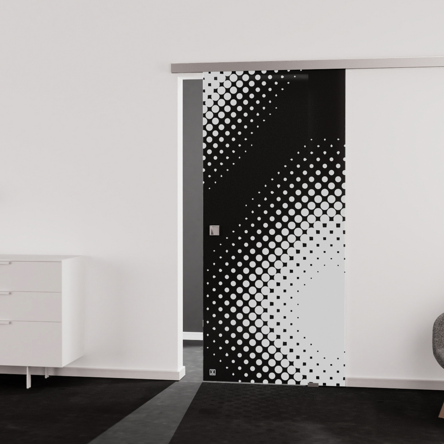 Living situation which shows the glass door with tempered safety glass (ESG) laserdecor JETTE DOTS 573 in the vision frosted MOON GREY drilling Studio/Office sliding door