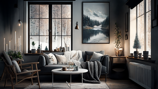 Un acogedor salón de estilo Hygge con Gris cachemira o Gris terciopelo perfectamente combinados.