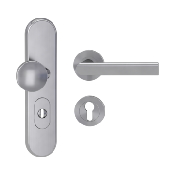Silhouette product image in perfect product view shows the Griffwerk security combi set TITANO_882 in the version cylinder cover, round, brushed steel, clip on with the door handle TRI 134