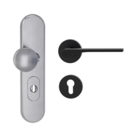 Silhouette product image in perfect product view shows the Griffwerk security combi set TITANO_882 in the version cylinder cover, round, brushed steel, clip on with the door handle LEAF LIGHT GSC
