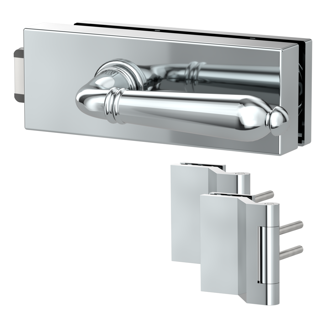 glass door lock set PURISTO S unlockable silent 3-part hinges CAROLA Chrome optic