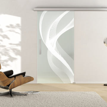 Ambientebild in Wohnraumsituation illustriert die Griffwerks Glastüre 3D_LD_636 in der Ausführung  ESG BASIC GREEN mattiert 